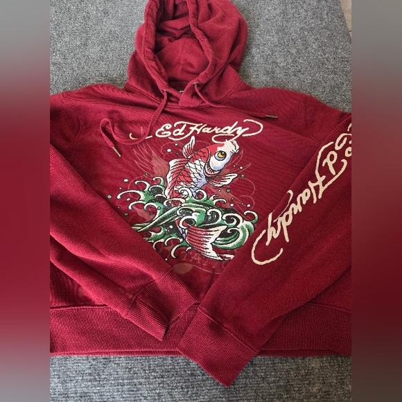 Ed Hardy Women’s L Red Burgundy Koi Fish Tattoo Graphic Hoodie - Picture 7 of 9